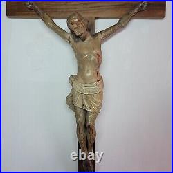 09K6 ANCIENNE STATUE CHRIST EN BOIS SCULPTE POLYCHROME CRUCIFIX XVIIIe RELIGION