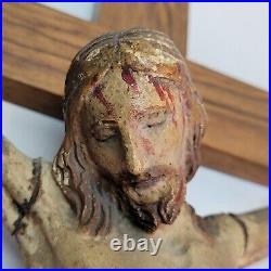 09K6 ANCIENNE STATUE CHRIST EN BOIS SCULPTE POLYCHROME CRUCIFIX XVIIIe RELIGION