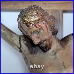 09K6 ANCIENNE STATUE CHRIST EN BOIS SCULPTE POLYCHROME CRUCIFIX XVIIIe RELIGION