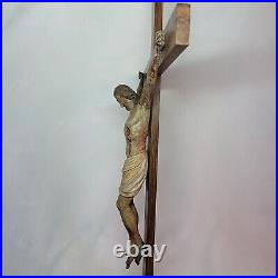 09K6 ANCIENNE STATUE CHRIST EN BOIS SCULPTE POLYCHROME CRUCIFIX XVIIIe RELIGION