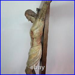 09K6 ANCIENNE STATUE CHRIST EN BOIS SCULPTE POLYCHROME CRUCIFIX XVIIIe RELIGION