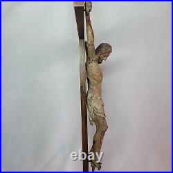 09K6 ANCIENNE STATUE CHRIST EN BOIS SCULPTE POLYCHROME CRUCIFIX XVIIIe RELIGION