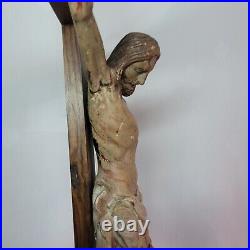 09K6 ANCIENNE STATUE CHRIST EN BOIS SCULPTE POLYCHROME CRUCIFIX XVIIIe RELIGION