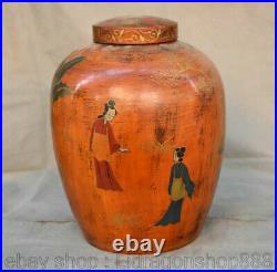 12,4 Ancien laque de Chine sur bois sculpté Palais Belle Femme Belle Tank Jar