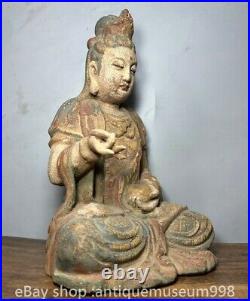 14.6 rare chinois ancien bois de camphre sculpté Guanyin peinture