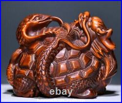 3.5 statue de tortue Dragon sculptée en bois de peuplier jaune chinois ancien