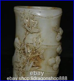 4.6 Chine ancienne jade blanc sculpté Palais bambou bois stylo cylindre