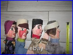 4 marionnettes anciennes théâtre de GUIGNOL tètes bois sculpté