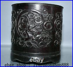 7.2 Ancien Chine Ébène Noir Bois Sculpté Dynastie Dragon Brosse Pot Crayon Vase