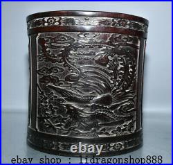 8 Ancien Chine Bois De Rose Sculpté Phénix Oiseaux Fleur Brosse Pot Crayon Vase