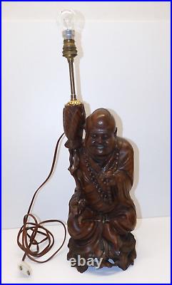 -ANCIEN PIED DE LAMPE SAGE VENERABLE BOIS Sculpté avec dents déco CHINE ASIE D