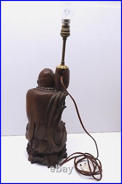 -ANCIEN PIED DE LAMPE SAGE VENERABLE BOIS Sculpté avec dents déco CHINE ASIE D