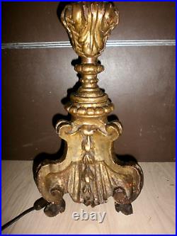 ANCIEN PIQUE-CIERGE BOIS SCULPTE DORé/LAMPE/H. 65-73 cm/STYLE RENAISSANCE/XIXéme