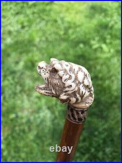 ANCIEN POMMEAU CANNE OMBRELLE TETE DE CHIEN SCULPTE umbrella DOG HEAD handle