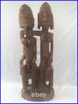 ANCIENNE STATUE COUPLE DOGON SCULPTÉ EN BOIS MALI ART PRIMORDIALE H. 62 cm