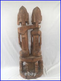 ANCIENNE STATUE COUPLE DOGON SCULPTÉ EN BOIS MALI ART PRIMORDIALE H. 62 cm