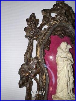 Ancien Cadre bois sculpté Et Verre bénitier reliquaire Jesus Berger Saint