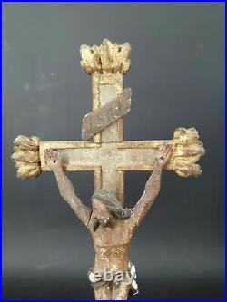 Ancien Christ Crucifix Bois Doré Sculpté XVII XVIII Polychromie Religieux Jesus