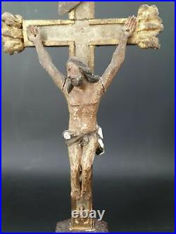 Ancien Christ Crucifix Bois Doré Sculpté XVII XVIII Polychromie Religieux Jesus