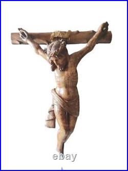 Ancien Christ en Bois Sculpté Polychrome XVIII ème /Catalan Sur Socle H56 cm