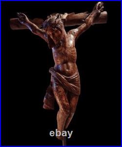 Ancien Christ en Bois Sculpté Polychrome XVIII ème /Catalan Sur Socle H56 cm