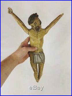 Ancien Christ en bois sculpté polychrome ART POPULAIRE 39cm 18ème SIÈCLE