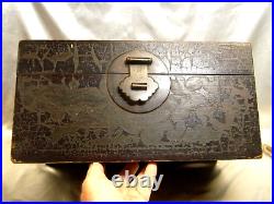 Ancien Coffre Asiatique Bois Sculpte Chine China Japon Boite Coffret Malle Box