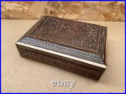 Ancien Coffret Boite Bois Sculpté + Incrustations Fin XVIIIe Vintage #B449