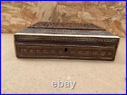 Ancien Coffret Boite Bois Sculpté + Incrustations Fin XVIIIe Vintage #B449