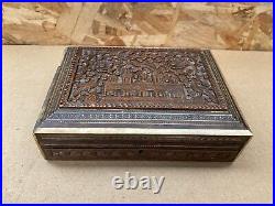 Ancien Coffret Boite Bois Sculpté + Incrustations Fin XVIIIe Vintage #B449