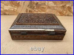 Ancien Coffret Boite Bois Sculpté + Incrustations Fin XVIIIe Vintage #B449