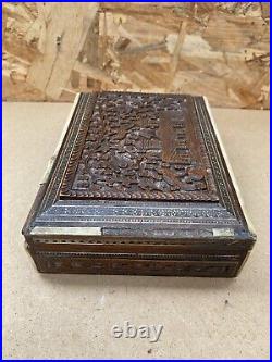 Ancien Coffret Boite Bois Sculpté + Incrustations Fin XVIIIe Vintage #B449