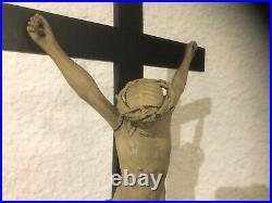 Ancien Crucifix 56 cm Reliquaire Argent Massif Christ en Bois Sculpté 19 eme XIX