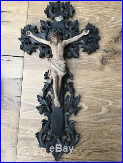 Ancien Crucifix Christ Bois Sculpté Ex Voto 19e