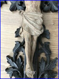Ancien Crucifix Christ Bois Sculpté Ex Voto 19e