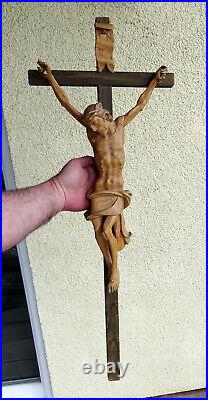 Ancien Crucifix Grand Christ Jesus En Bois Sculpté Eglise Chapelle Croix