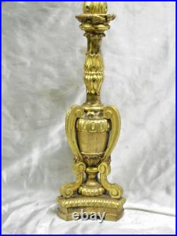 Ancien Flambeau Pic Sierge Lampe Bougeoir Bois Dore Sculpte Candlestick Lamp