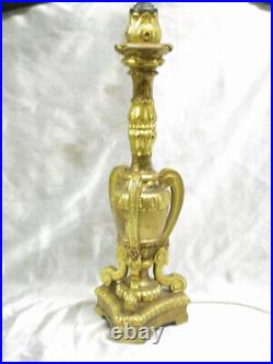 Ancien Flambeau Pic Sierge Lampe Bougeoir Bois Dore Sculpte Candlestick Lamp