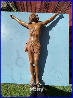 Ancien Grand Christ En Bois Sculpte Signe J. Bret 65 CM