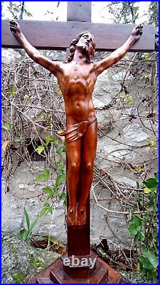 Ancien Grand Crucifix En Bois Sculpté 80 cm