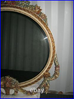 Ancien Grand Miroir En Bois Sculpté De Guirlandes-peint Et Doré-style Louis XVI