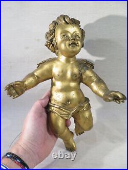 Ancien Joli Ange Amour Putti En Bois Sculpte Dore Italie