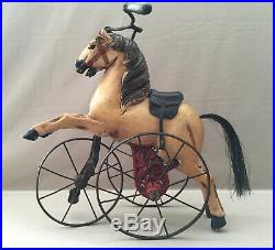 Ancien Jouet Cheval Tricycle En Bois Sculpté Collector Vintage Polychrome Art
