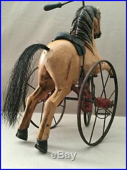 Ancien Jouet Cheval Tricycle En Bois Sculpté Collector Vintage Polychrome Art