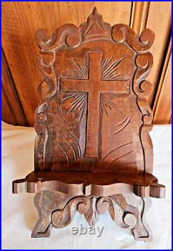 Ancien Lutrin Pupitre Religieux Porte Missel Bible Decor Volute Croix Sculptee