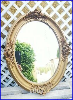 Ancien Magnifique Miroir Ovale Avec Cadre En Bois Doré Sculpté Fleurs 49 x 38 cm