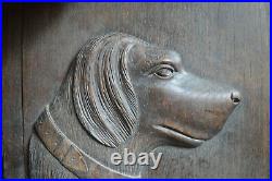 Ancien Panneau Bas Relief Bois Sculpté Chien de Chasse Epoque 1920/30 36x36cm