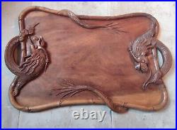 Ancien Plateau Bois Sculpté Dragon Chine Asiatique Old dragon wood tray 19 Ème