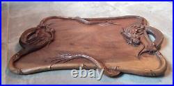 Ancien Plateau Bois Sculpté Dragon Chine Asiatique Old dragon wood tray 19 Ème