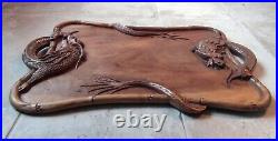 Ancien Plateau Bois Sculpté Dragon Chine Asiatique Old dragon wood tray 19 Ème